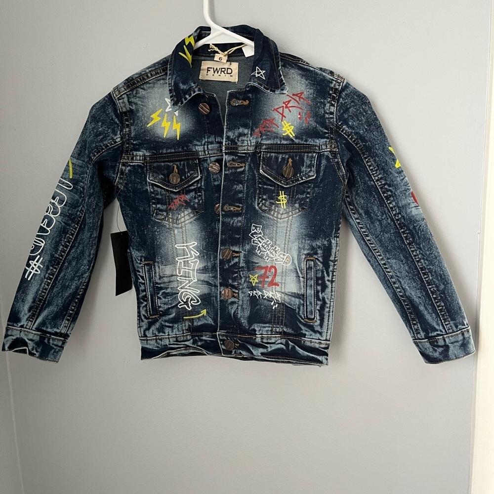Blue Jean Jacket with Distressed Look and Colorful Embellishments